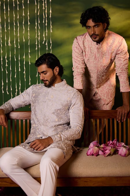 Shreyansh Designs Grey Dupion, Silk Embroidery Jayesh Floral Bundi And Kurta Set Online at Aza Fashions Shreyansh Designs_Grey Dupion, Silk Embroidery Jayesh Floral Bundi And Kurta Set _Online_at_Aza_Fashions