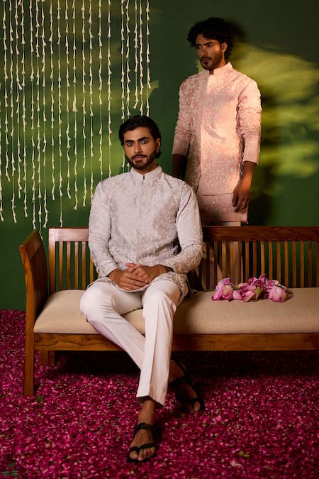 Shop Shreyansh Designs Grey Dupion, Silk Embroidery Jayesh Floral Bundi And Kurta Set Online at Aza Fashions Shop_Shreyansh Designs_Grey Dupion, Silk Embroidery Jayesh Floral Bundi And Kurta Set _Online_at_Aza_Fashions