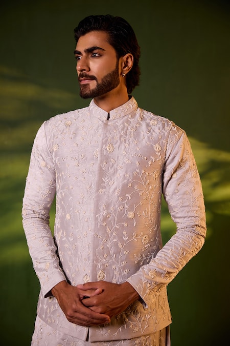 Shreyansh Designs Grey Dupion, Silk Embroidery Jayesh Floral Bundi And Kurta Set at Aza Fashions Shreyansh Designs_Grey Dupion, Silk Embroidery Jayesh Floral Bundi And Kurta Set _at_Aza_Fashions