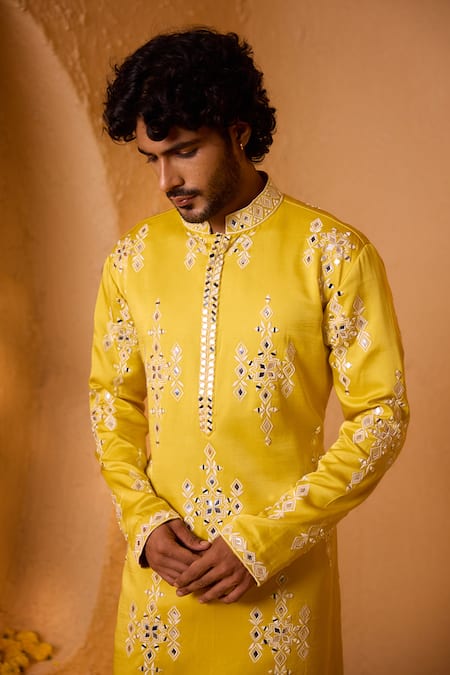Shreyansh Designs_Yellow Silk Mirrors, Embroidery Suryansh Work Kurta And Pant Set _Online_at_Aza_Fashions