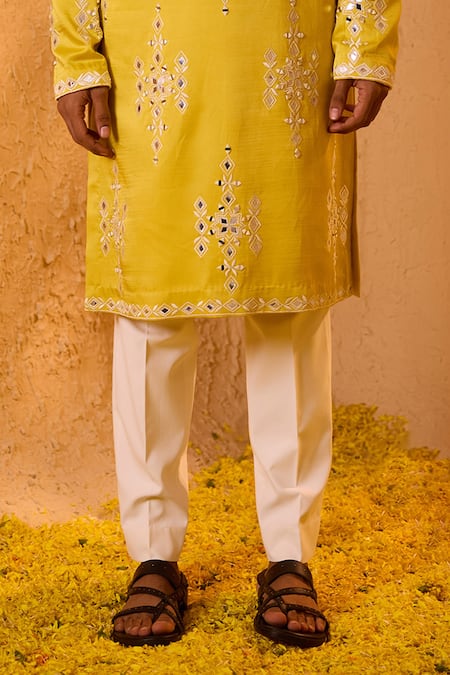 Buy_Shreyansh Designs_Yellow Silk Mirrors, Embroidery Suryansh Work Kurta And Pant Set _Online_at_Aza_Fashions