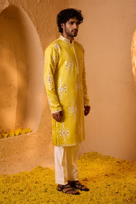Shop_Shreyansh Designs_Yellow Silk Mirrors, Embroidery Suryansh Work Kurta And Pant Set _Online_at_Aza_Fashions