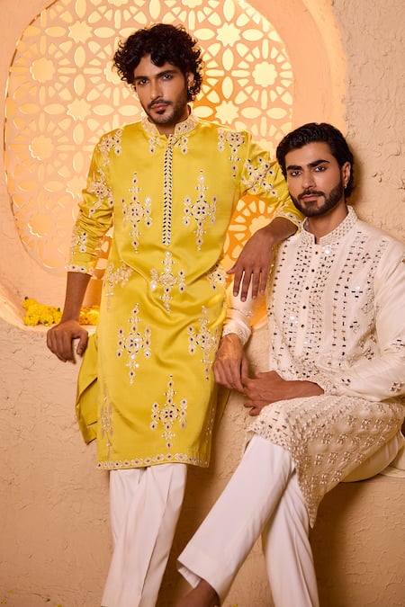 Shreyansh Designs_Yellow Silk Mirrors, Embroidery Suryansh Work Kurta And Pant Set _at_Aza_Fashions
