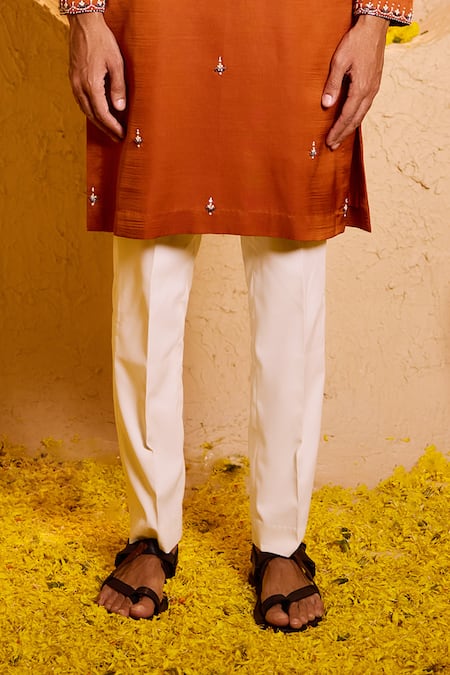 Shreyansh Designs_Orange Silk Embroidery, Mirrors Ojas Hand Kurta Set _Online_at_Aza_Fashions