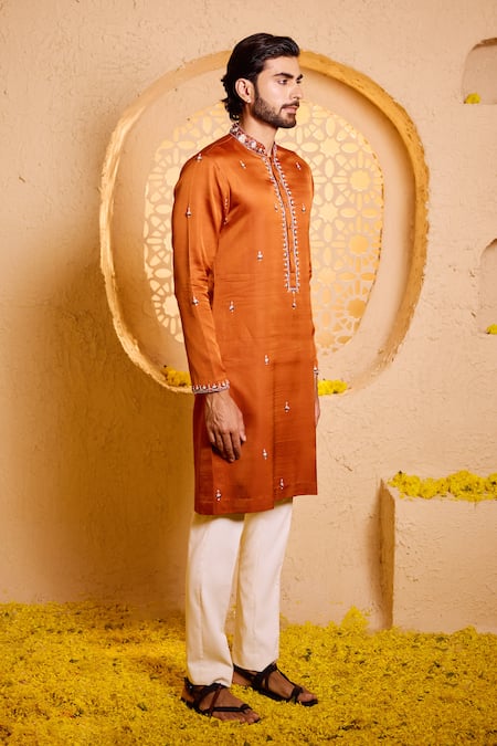 Buy_Shreyansh Designs_Orange Silk Embroidery, Mirrors Ojas Hand Kurta Set _Online_at_Aza_Fashions
