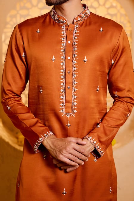 Shop_Shreyansh Designs_Orange Silk Embroidery, Mirrors Ojas Hand Kurta Set _Online_at_Aza_Fashions