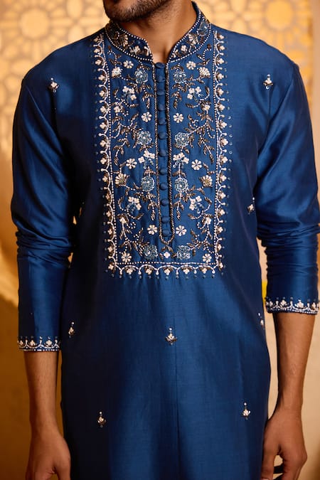 Shop Shreyansh Designs Blue Silk Embroidery Panshul Kurta And Pant Set Online at Aza Fashions Shop_Shreyansh Designs_Blue Silk Embroidery Panshul Kurta And Pant Set _Online_at_Aza_Fashions