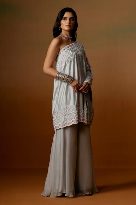 Saniya Sharma_Sky Blue Silk, Organza One Shoulder Zyra Cape Sharara Set _Online_at_Aza_Fashions