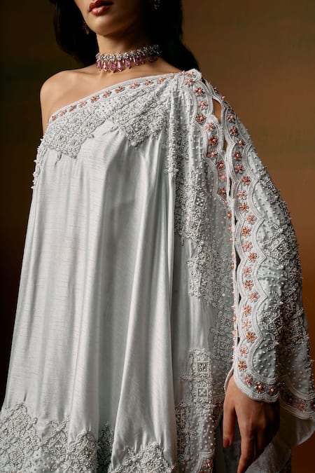 Buy_Saniya Sharma_Sky Blue Silk, Organza One Shoulder Zyra Cape Sharara Set _Online_at_Aza_Fashions