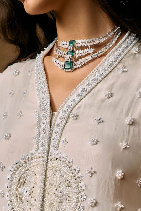 Buy Saniya Sharma Ivory Organza, Crepe Pearls, Sequins, Aurea Jacket And Draped Skirt Set Online at Aza Fashions Buy_Saniya Sharma_Ivory Organza, Crepe Pearls, Sequins, Aurea Jacket And Draped Skirt Set _Online_at_Aza_Fashions