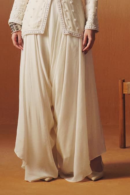 Saniya Sharma_Ivory Organza, Crepe Embroidery, Beads V-neck Noor Jacket With Cowl Pant _Online_at_Aza_Fashions