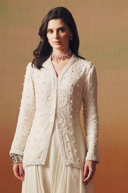Buy_Saniya Sharma_Ivory Organza, Crepe Embroidery, Beads V-neck Noor Jacket With Cowl Pant _Online_at_Aza_Fashions