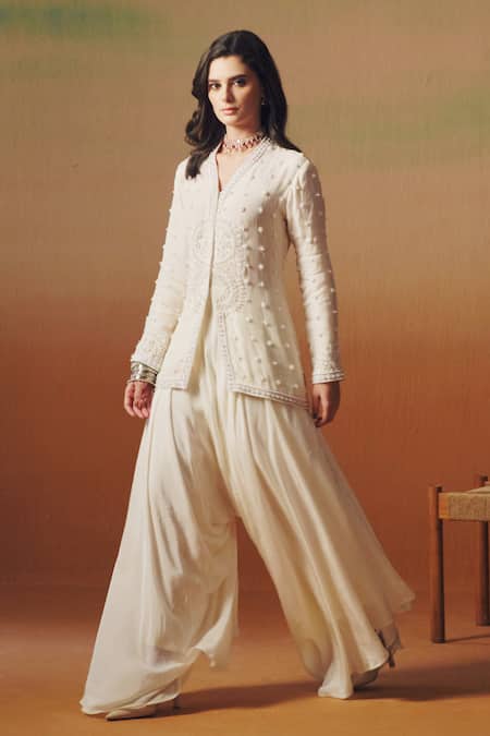Shop_Saniya Sharma_Ivory Organza, Crepe Embroidery, Beads V-neck Noor Jacket With Cowl Pant _Online_at_Aza_Fashions