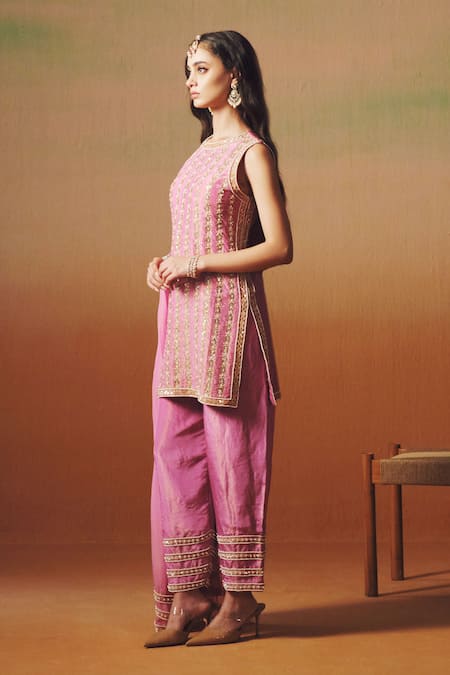 Shop Saniya Sharma Pink Tissue, Organza Sequins, Pearls, Embroidery, Zari Round Inayat Kurta Set Online at Aza Fashions Shop_Saniya Sharma_Pink Tissue, Organza Sequins, Pearls, Embroidery, Zari Round Inayat Kurta Set _Online_at_Aza_Fashions