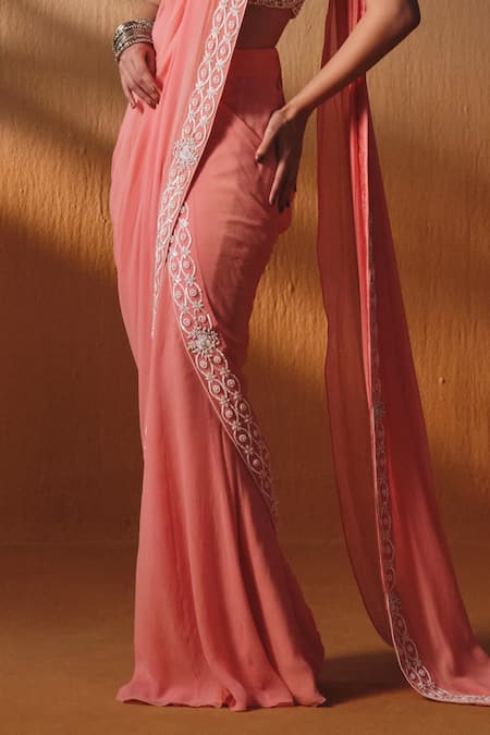 Saniya Sharma Peach Net, Georgette Pearls, Stones, Anaya Pre-draped Saree With Blouse Online at Aza Fashions Saniya Sharma_Peach Net, Georgette Pearls, Stones, Anaya Pre-draped Saree With Blouse _Online_at_Aza_Fashions