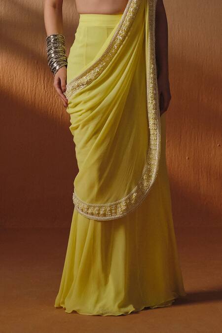 Saniya Sharma_Yellow Silk, Georgette Pearls, Nyra Pre-draped Saree With Embroidered Blouse _Online_at_Aza_Fashions