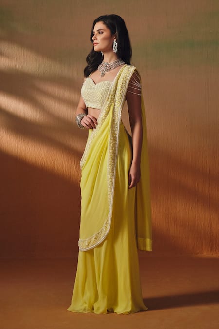 Buy_Saniya Sharma_Yellow Silk, Georgette Pearls, Nyra Pre-draped Saree With Embroidered Blouse _Online_at_Aza_Fashions