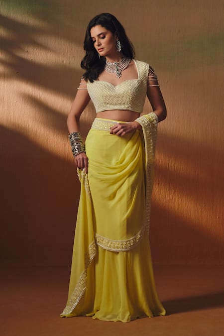 Shop_Saniya Sharma_Yellow Silk, Georgette Pearls, Nyra Pre-draped Saree With Embroidered Blouse _Online_at_Aza_Fashions