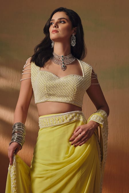 Saniya Sharma_Yellow Silk, Georgette Pearls, Nyra Pre-draped Saree With Embroidered Blouse _at_Aza_Fashions