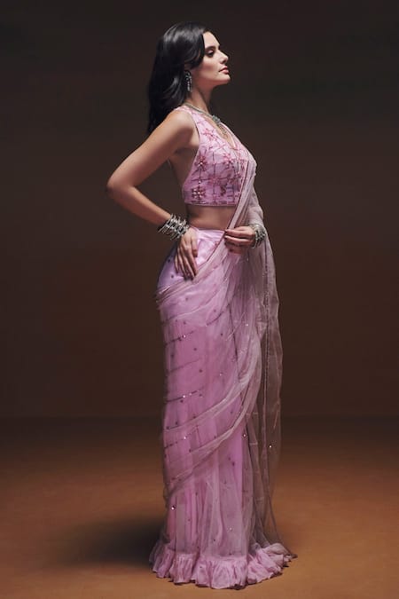 Saniya Sharma_Pink Net Embroidery, Sequins V-neck Nazr Pre-draped Saree With Blouse _Online_at_Aza_Fashions