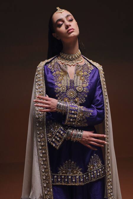 Shop Saniya Sharma Purple Silk Embroidery, Metallic Thread V-, Open Ziya Cape And Kurta Set Online at Aza Fashions Shop_Saniya Sharma_Purple Silk Embroidery, Metallic Thread V-, Open Ziya Cape And Kurta Set _Online_at_Aza_Fashions