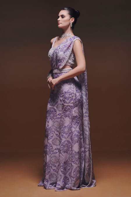 Saniya Sharma_Purple Organza Sequins, Zari, Beads, Kaaya Printed Pre- Draped Saree With Blouse _Online_at_Aza_Fashions