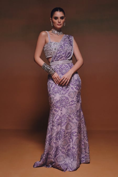 Buy_Saniya Sharma_Purple Organza Sequins, Zari, Beads, Kaaya Printed Pre- Draped Saree With Blouse _Online_at_Aza_Fashions