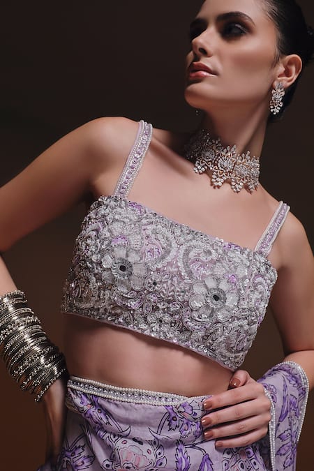 Shop_Saniya Sharma_Purple Organza Sequins, Zari, Beads, Kaaya Printed Pre- Draped Saree With Blouse _Online_at_Aza_Fashions