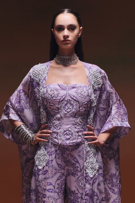 Saniya Sharma_Purple Organza Embroidery Sweetheart , Open Nooran Cape Sharara Set _Online_at_Aza_Fashions