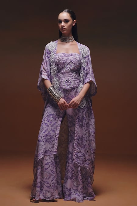 Buy_Saniya Sharma_Purple Organza Embroidery Sweetheart , Open Nooran Cape Sharara Set _Online_at_Aza_Fashions