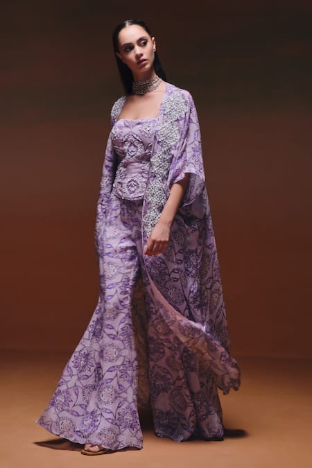 Shop_Saniya Sharma_Purple Organza Embroidery Sweetheart , Open Nooran Cape Sharara Set _Online_at_Aza_Fashions