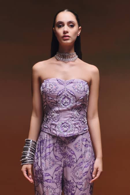 Saniya Sharma_Purple Organza Sequins, Stones, Embroidery Bandeau Zyani Corset And Sharara Set _Online_at_Aza_Fashions