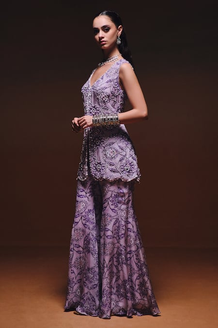 Saniya Sharma Purple Organza Pearls, Sequins V-neck Bahaar Embroidered Jacket With Sharara Online at Aza Fashions Saniya Sharma_Purple Organza Pearls, Sequins V-neck Bahaar Embroidered Jacket With Sharara _Online_at_Aza_Fashions