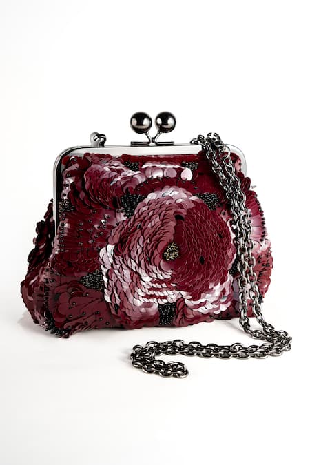Nupur Kanoi Carmela Burgundy Hand Embroidered Clutch 