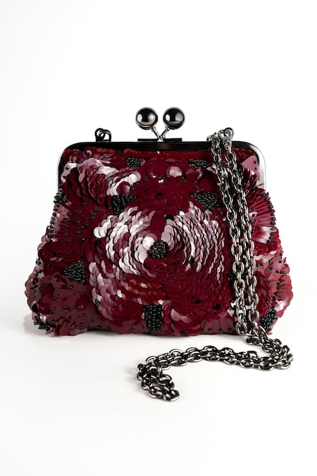 Nupur Kanoi Carmela Burgundy Hand Embroidered Clutch 