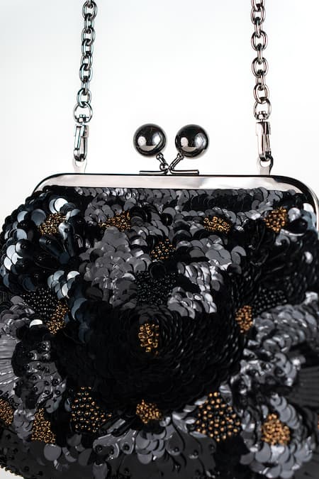 Nupur Kanoi_Black Sequins, Beads, Embroidery Carmela Gold Hand Clutch _Online_at_Aza_Fashions