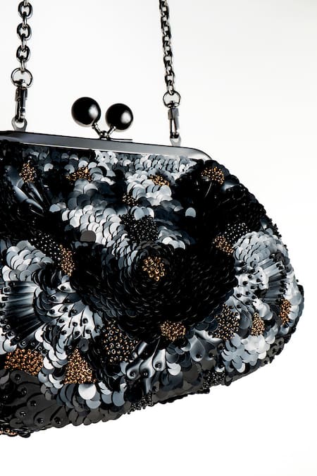 Buy_Nupur Kanoi_Black Sequins, Beads, Embroidery Carmela Gold Hand Clutch _Online_at_Aza_Fashions