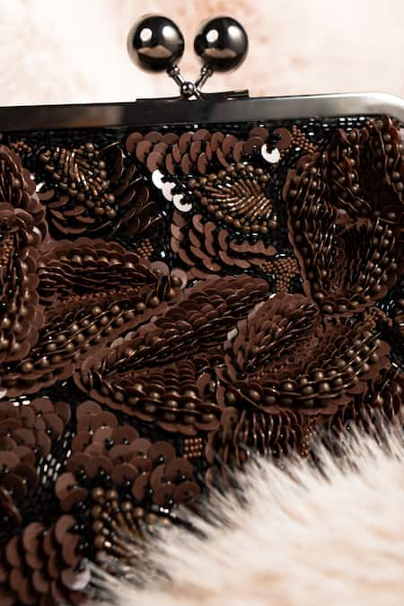 Nupur Kanoi_Brown Sequins, Beads, Embroidery Carmela Bougain Hand Clutch _Online_at_Aza_Fashions