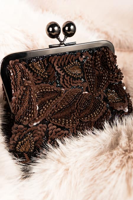 Shop_Nupur Kanoi_Brown Sequins, Beads, Embroidery Carmela Bougain Hand Clutch _Online_at_Aza_Fashions