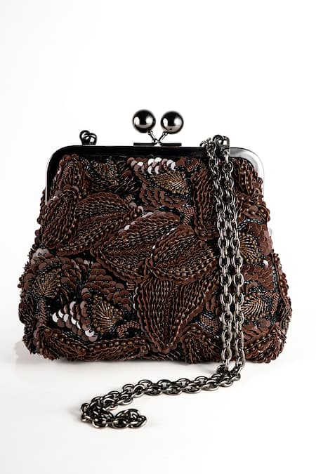 Nupur Kanoi Carmela Brown Bougain Hand Embroidered Clutch 