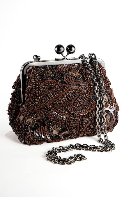 Nupur Kanoi Carmela Brown Bougain Hand Embroidered Clutch 