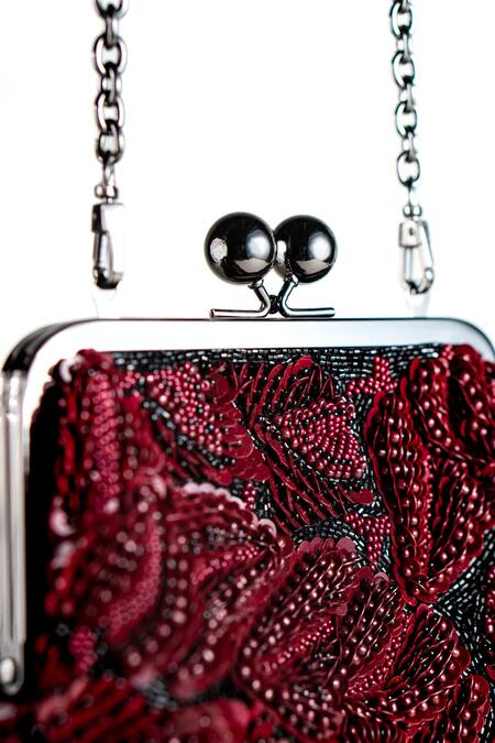 Nupur Kanoi_Burgundy Sequins, Beads, Embroidery Carmela Bougain Hand Clutch _Online_at_Aza_Fashions