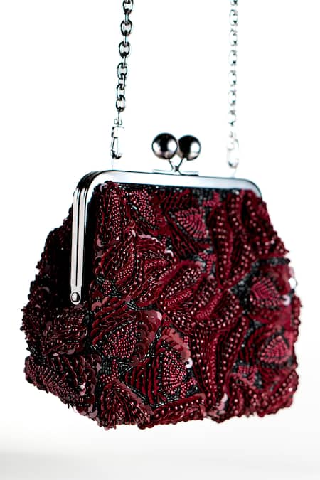 Buy_Nupur Kanoi_Burgundy Sequins, Beads, Embroidery Carmela Bougain Hand Clutch _Online_at_Aza_Fashions