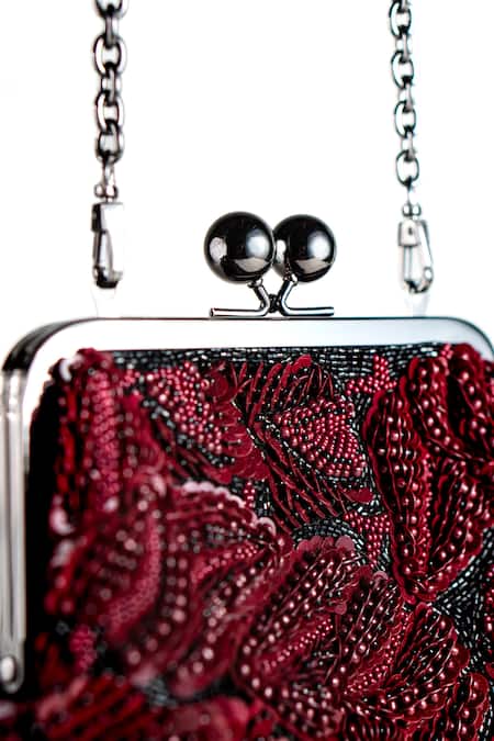 Shop_Nupur Kanoi_Burgundy Sequins, Beads, Embroidery Carmela Bougain Hand Clutch _Online_at_Aza_Fashions