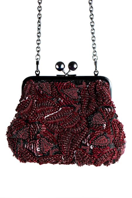 Nupur Kanoi_Burgundy Sequins, Beads, Embroidery Carmela Bougain Hand Clutch _at_Aza_Fashions