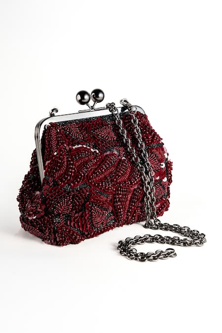 Buy_Nupur Kanoi_Burgundy Sequins, Beads, Embroidery Carmela Bougain Hand Clutch 