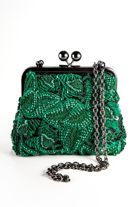 Nupur Kanoi Carmela Green Bougain Hand Embroidered Clutch 