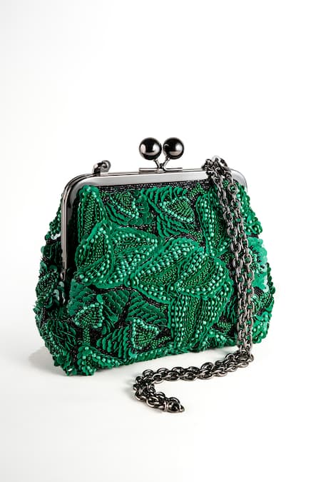 Nupur Kanoi Carmela Green Bougain Hand Embroidered Clutch 