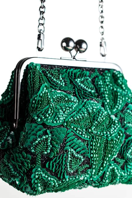 Nupur Kanoi_Green Sequins, Beads, Embroidery Carmela Bougain Hand Clutch _Online_at_Aza_Fashions