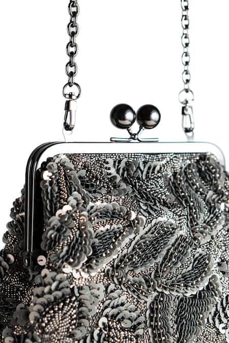 Buy_Nupur Kanoi_Grey Sequins, Beads, Embroidery Carmela Bougain Hand Clutch _Online_at_Aza_Fashions